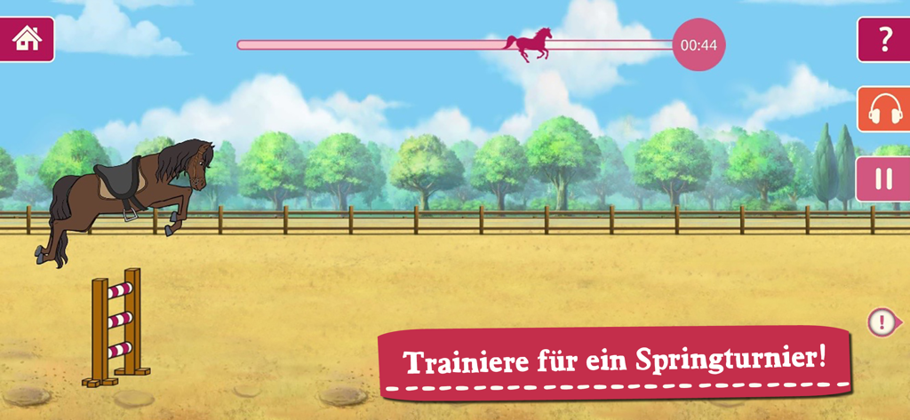 A brown horse jumping over a hurdle in a show jumping training arena.