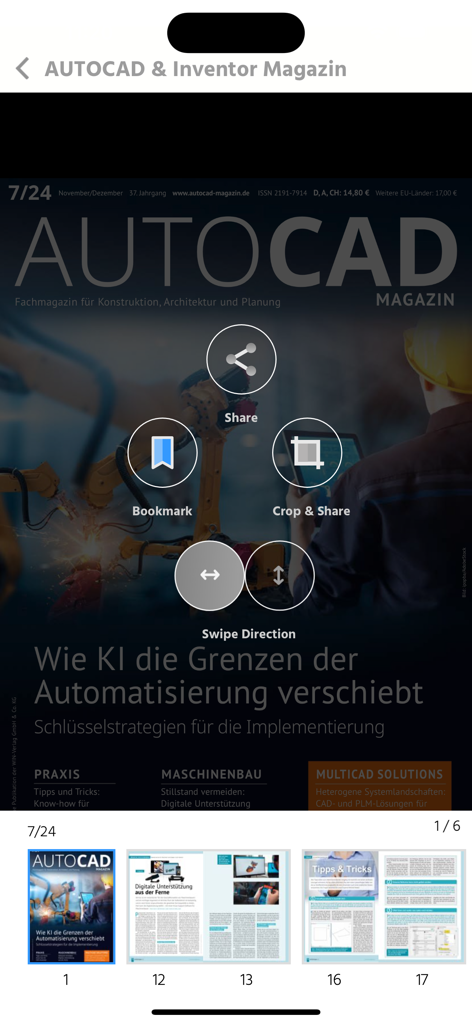 AutoCAD und Inventor Magazin App Reader-Oberfläche mit interaktiven Werkzeugen und Artikelvorschauen.