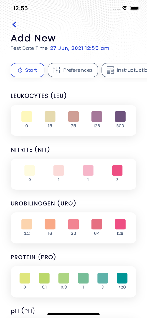 Urinox - Manual entry screen in the Urinox app showing color reference charts for leukocytes, nitrite, urobilinogen, and protein.