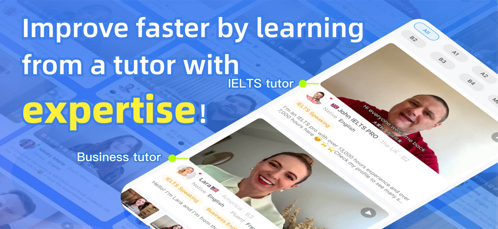 Interface of Lan-master app showing native English tutors specialized in IELTS and Business English