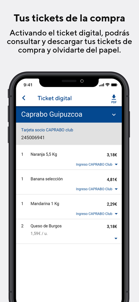 Caprabo - Ticket de compra digital en la interfaz de la app Caprabo