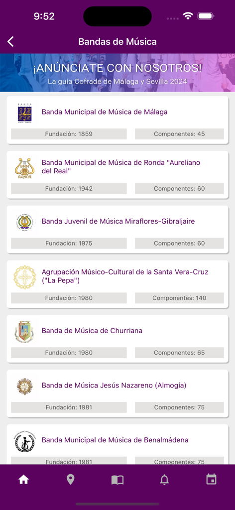 Une liste de fanfares participant aux processions de la Semaine Sainte avec leurs années de fondation et le nombre de membres.
