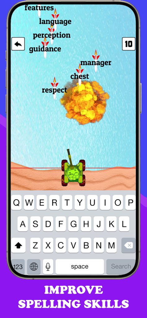 Type Blast: Fast Typer Club - Gameplay of Type Blast showing falling word missiles and a tank shooting them as the user types on a mobile keyboard.