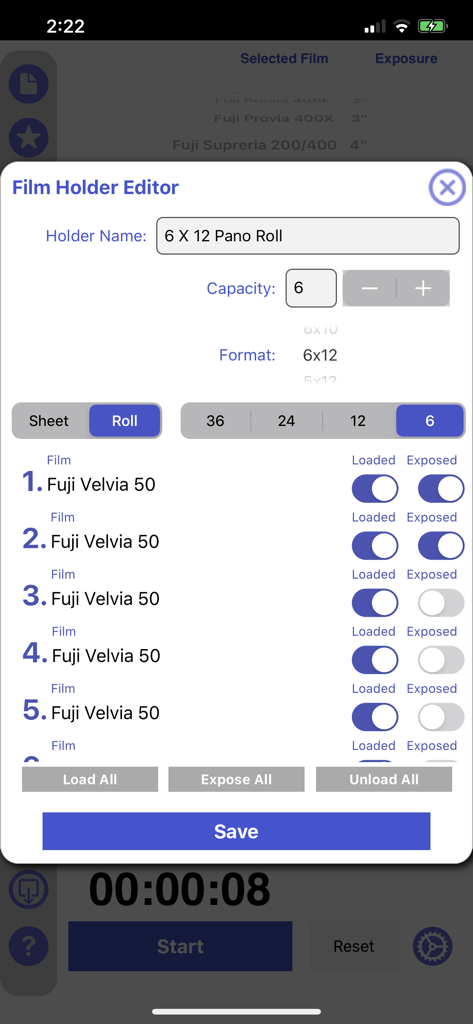 Reciprocity Timer app interface displaying the Film Holder Editor screen for tracking Fuji Velvia 50 film stock status.