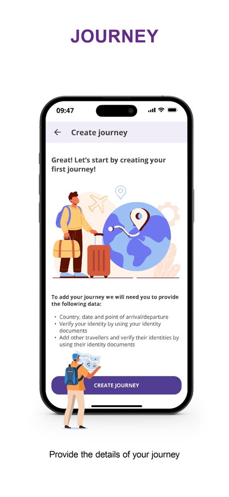 The Create journey screen of the Travel to Europe mobile app showing travel registration instructions