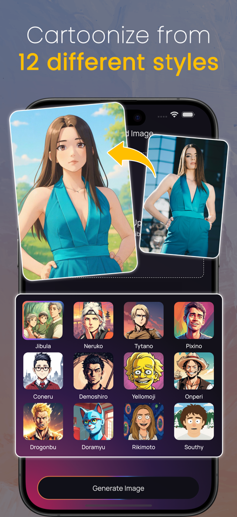 AI Photo Editor : ImageAI - Interface de l'application ImageAI montrant douze styles cartoon différents pour transformer une photo de portrait en avatar artistique.