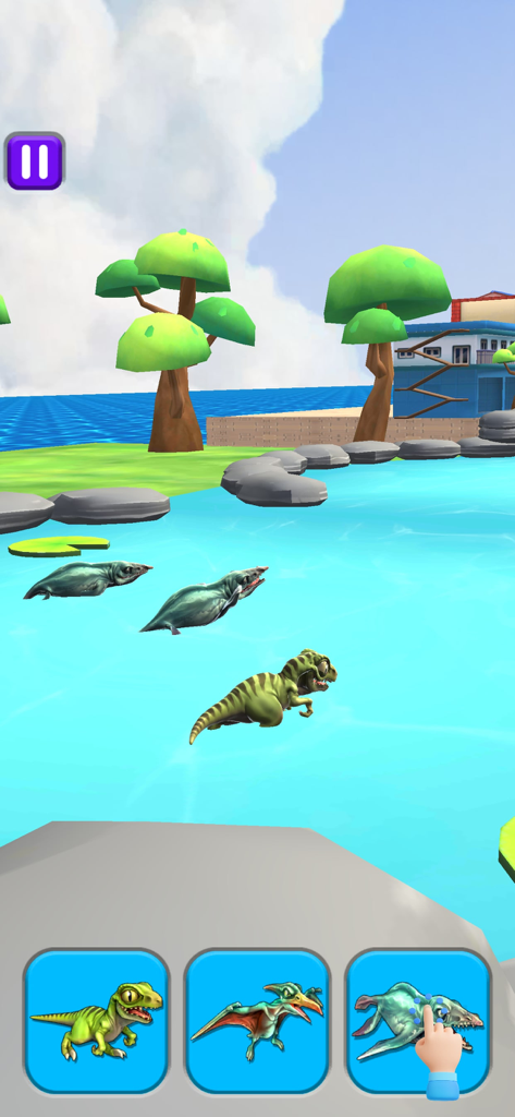 Dino Shape Shifting Transform - A dinosaur character swimming in water with three transformation options at the bottom of the screen