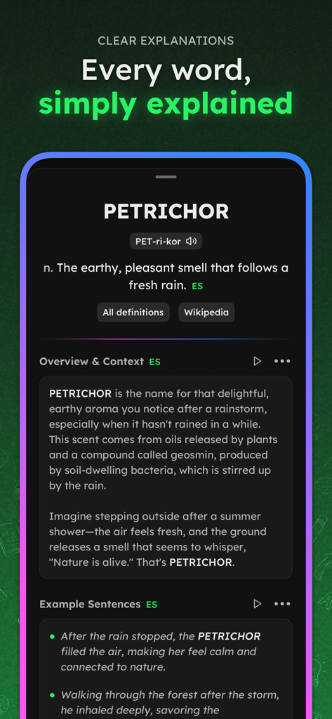 VividVocab: Remember Words - VividVocab app interface showing a detailed definition and example sentences for the word Petrichor