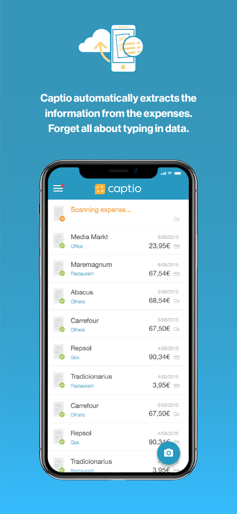 Captio Expenses app showing a list of automatically extracted business expenses from scanned receipts