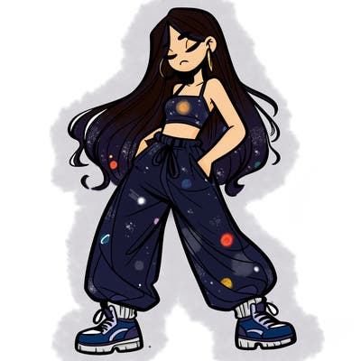 girl in baggy pants crop top and long hair