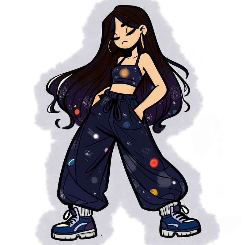 girl in baggy pants crop top and long hair