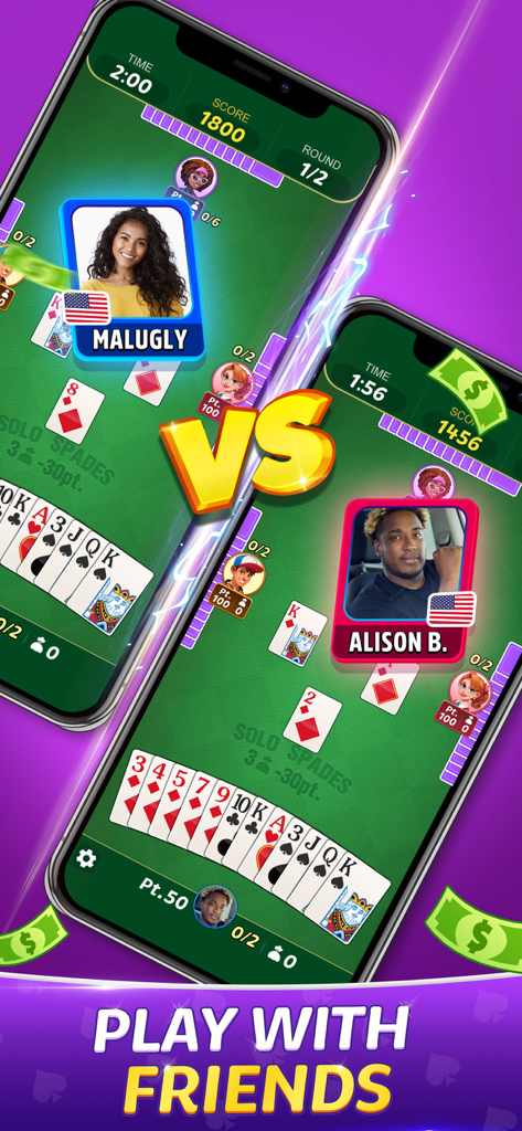 Two mobile phones showing a competitive multiplayer spades game with player avatars and cash rewards