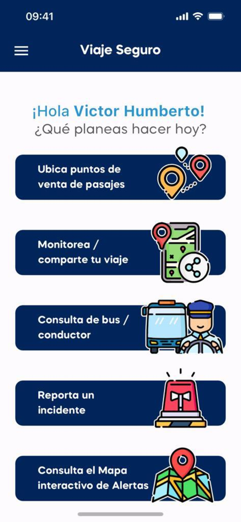 Viaje Seguro Sutran - Pantalla de inicio de la aplicación Viaje Seguro Sutran mostrando funciones de seguridad y monitoreo para viajeros en Perú