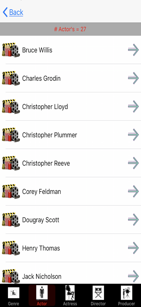 Movie Collector - La vista de lista de actores en la colección de la aplicación Movie Collector mostrando nombres como Bruce Willis y Christopher Lloyd con pestañas de navegación en la parte inferior.