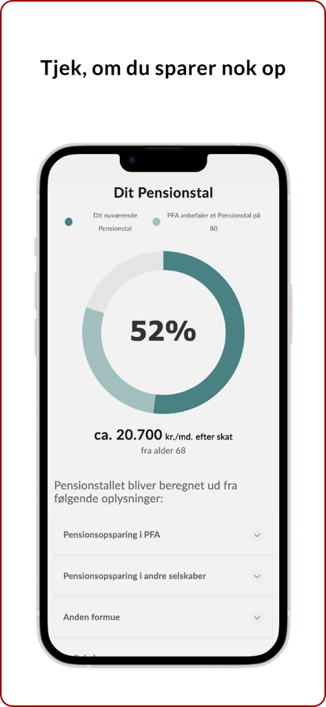 Mit PFA - Mit PFA app dashboard displaying a fifty-two percent pension score and estimated monthly retirement savings