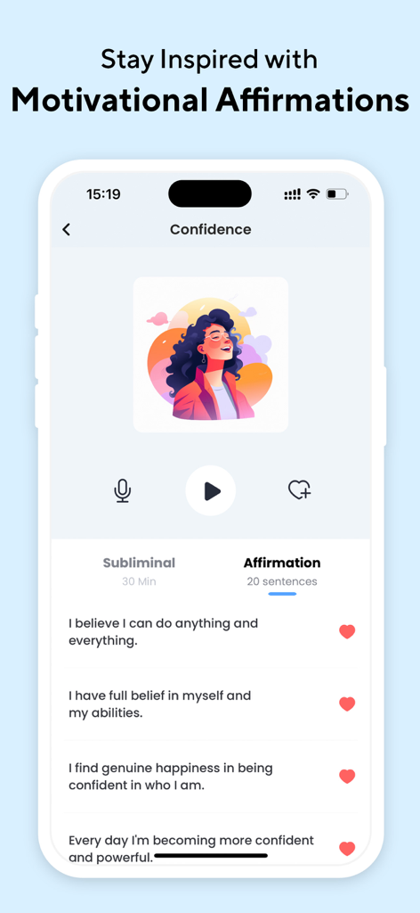 Subliminal: Manifest Goals - Tela do smartphone mostrando o aplicativo Subliminal com afirmações motivacionais para confiança.