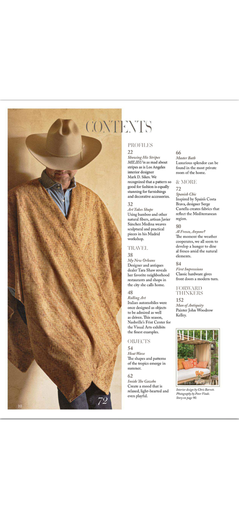 MILIEU Magazine - Table of contents from the MILIEU Magazine app featuring design and travel articles