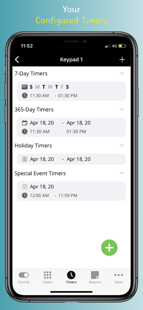 Edge Smart Keypad - Edge Smart Keypad app interface showing 7-day and holiday access timers