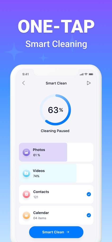 Delete duplicate photos - Wipe - Wipe app dashboard displaying a one-tap smart cleaning progress for photos videos and contacts