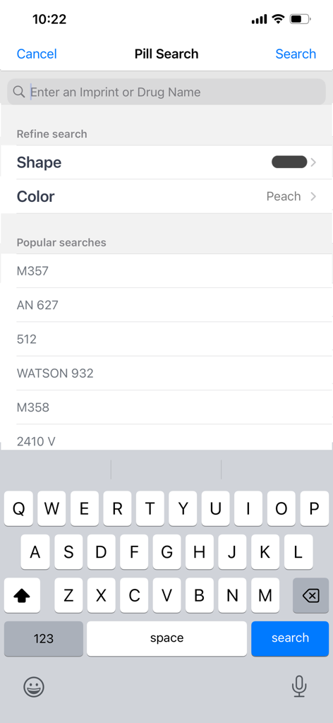 Pill Identifier by Drugs.com - Search screen of the Pill Identifier app showing options to identify medications by imprint name shape and color