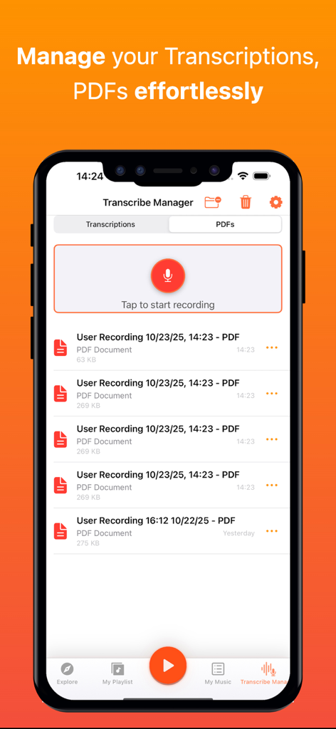 Interface of Mudify Archive app displaying a list of transcription PDFs in the Transcribe Manager