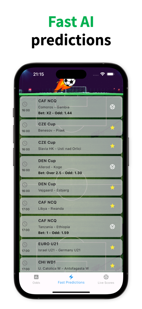 Bildschirm einer mobilen App mit einer Liste von Fußballspielen mit KI-Wettvorhersagen und Quoten