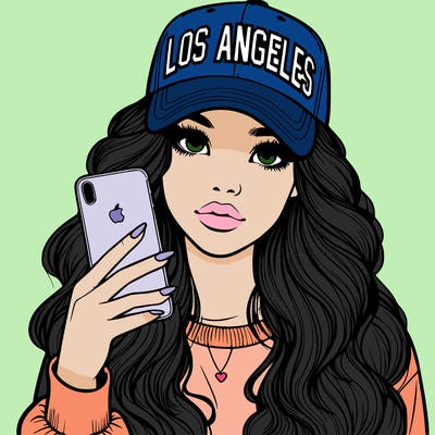 realistic beautiful girl wearing los ángeles cap holding an iphone