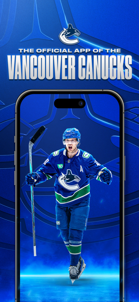 Canucks - The official Vancouver Canucks app home screen featuring a hockey player in action