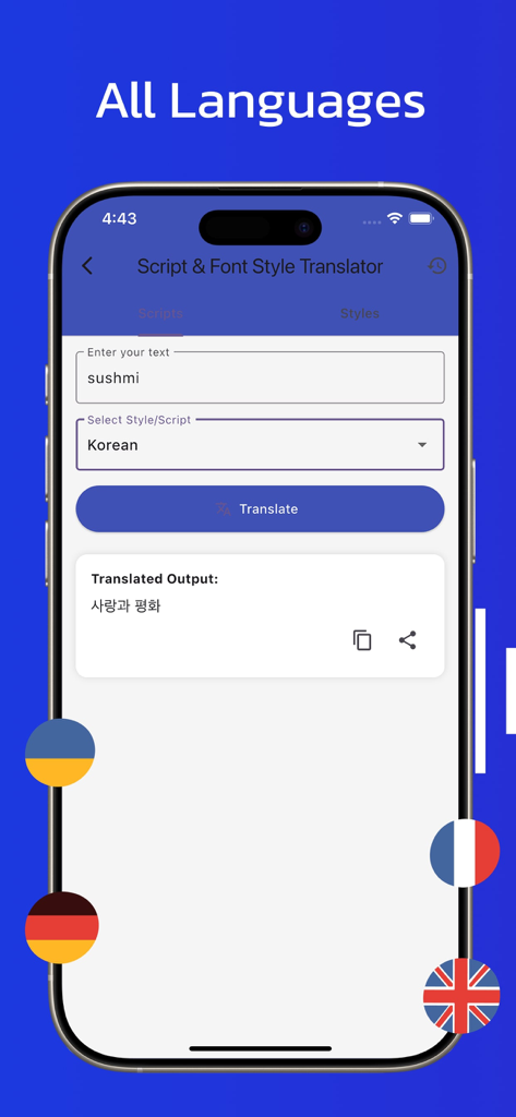 TranslateMate AI app interface showing a text translation into Korean script on an iPhone screen.
