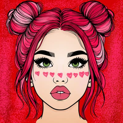 realistic girl with two buns on her hair and lips