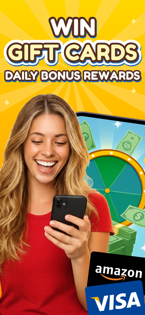 Coinnect: Your Real Money Time - スマートフォンのCoinnectアプリを使いながら微笑む女性。AmazonやVisaのギフトカードロゴと賞品ホイールが表示されている