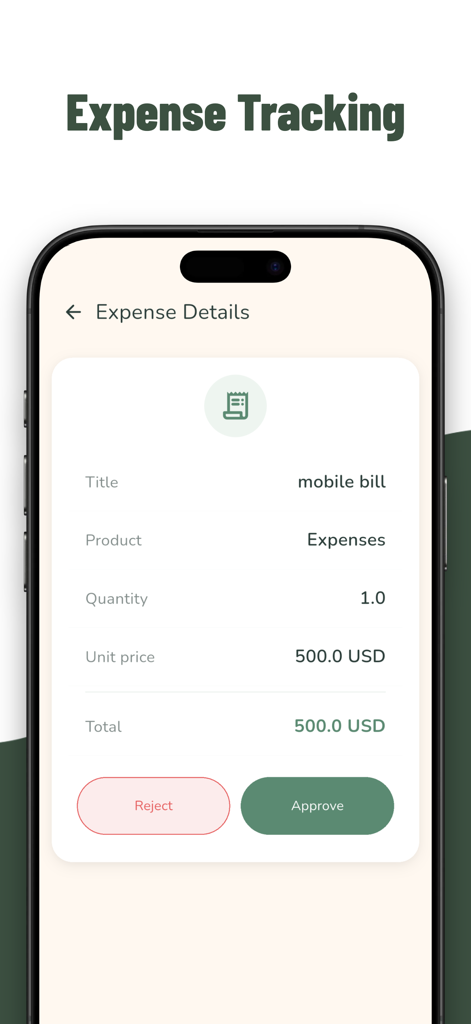 Tela de detalhes de despesas no Aplicativo Móvel de RH para Odoo mostrando uma conta para aprovação com botões de rejeitar e aprovar.