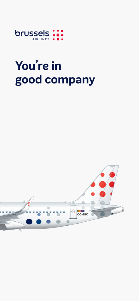 Brussels Airlines splash screen featuring an airplane tail and the text You are in good company