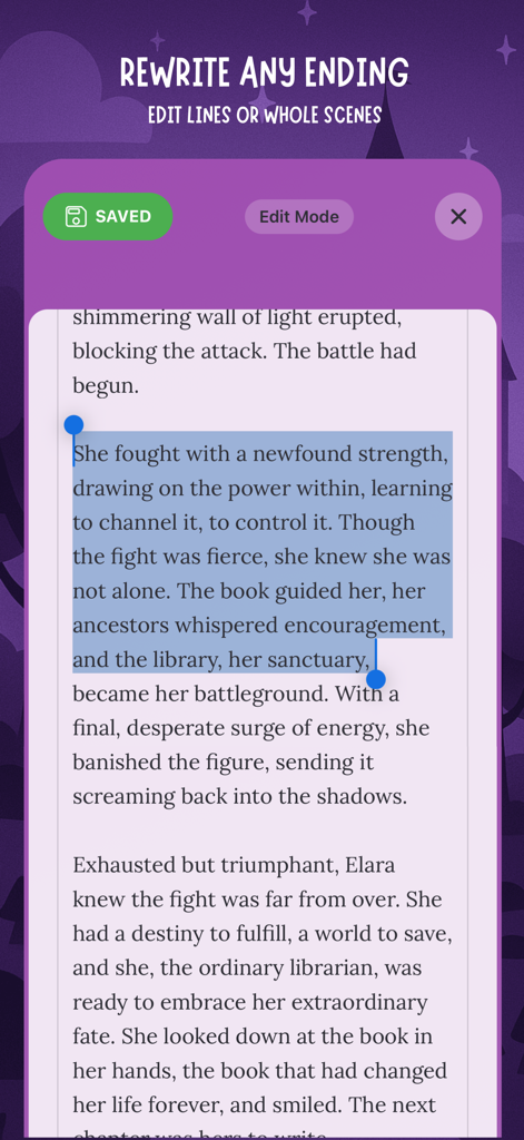 Interface of Storytize app highlighting the feature to rewrite any ending or edit story lines.