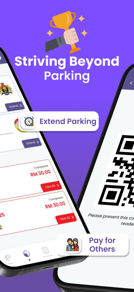 Interfaz de la aplicación JomParking mostrando funciones de extensión de estacionamiento y pago