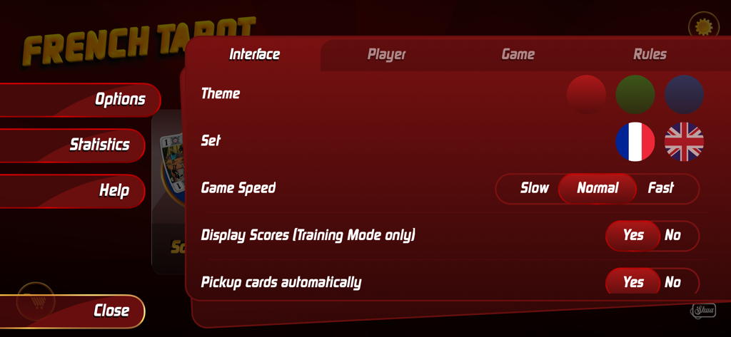 테마, 언어, 게임 속도 옵션이 있는 SHUA Jeu de Tarot 인터페이스 설정 메뉴