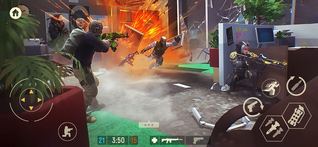 Tacticool gameplay showing tactical 5v5 combat with an explosion in an office environment