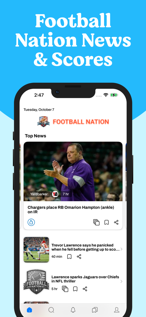 Football Nation News & Scores - Football Nation app main feed displaying the latest NFL news and top stories.