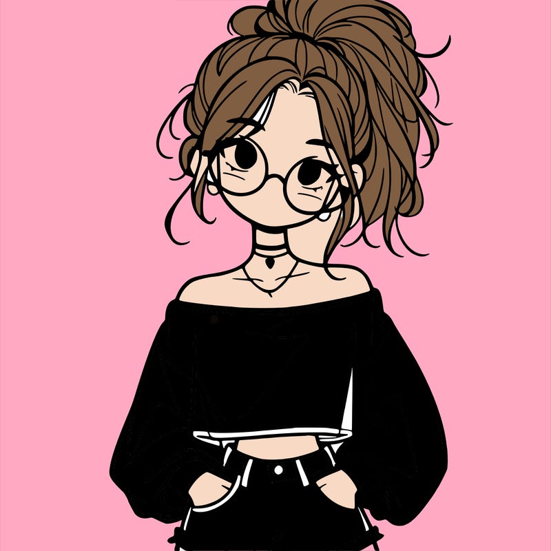 girl with a messy ponytail glasses a baggy crop top and jean shorts