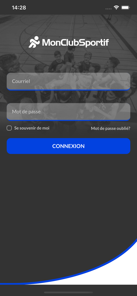 MonClubSportif - Anmeldebildschirm der MonClubSportif App zur Verwaltung von Sportteams mit Eingabefeldern für E-Mail und Passwort.
