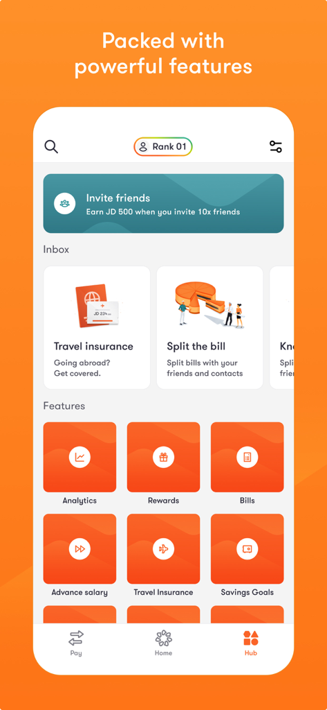 Bank al Etihad | بنك الإتحاد - Hub-Bildschirm der Bank al Etihad-App mit Finanzfunktionen wie Reiseversicherung und Sparzielen