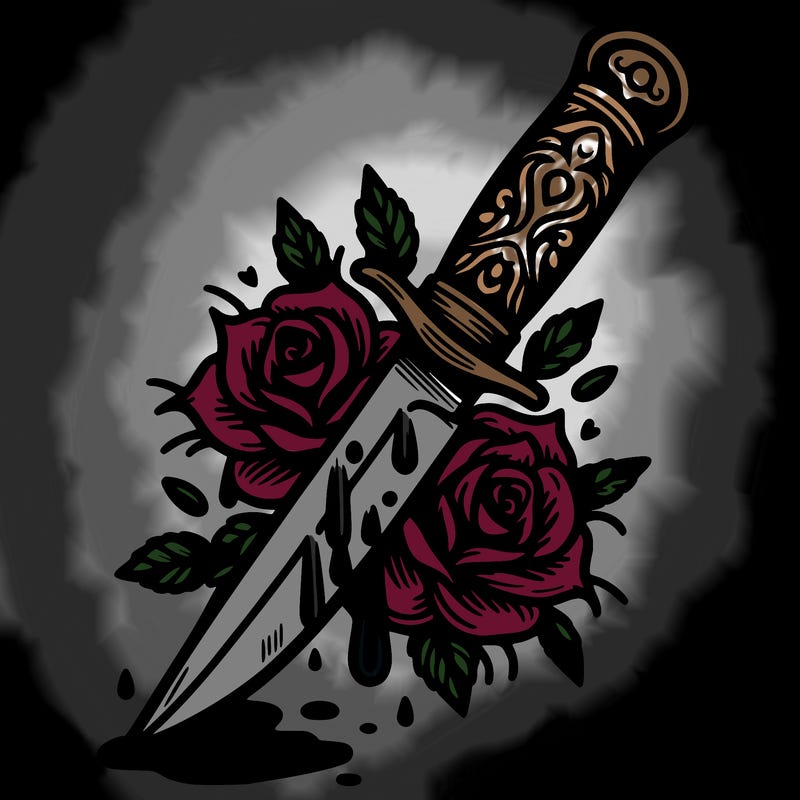 knife with roses and thorns and blood