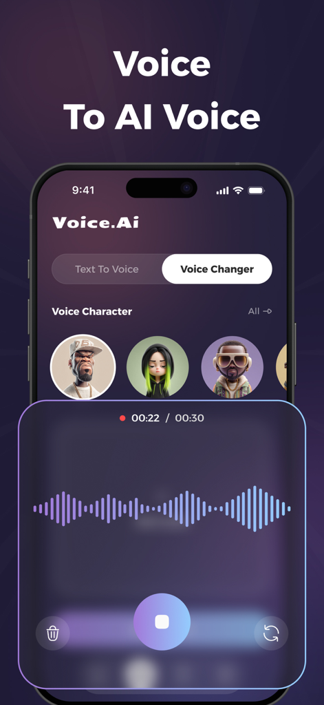 Voice FX: AI Voice Changer - Interface of the Voice FX app showing the AI voice changer recording screen with character avatars and an audio waveform.