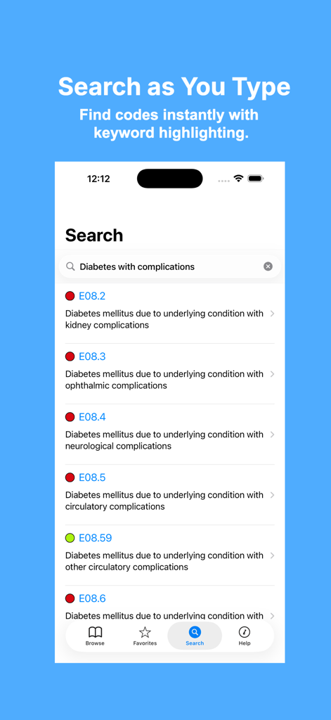 ICD-10-CM 2026: Medical Codes - Search interface of the ICD-10-CM 2026 app displaying medical codes for diabetes with complications.