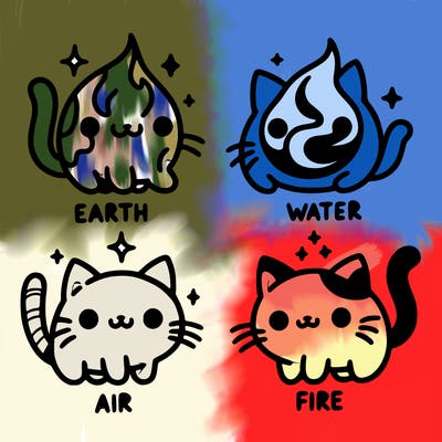 4 cats that represent the different elements, earth, water, air, and fire
