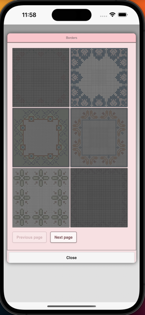 Selection of cross stitch border patterns in the app menu