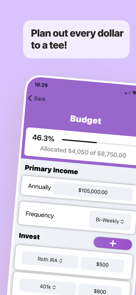 Savee - Plan For The Future - Savee app budget planning screen showing income and investment allocation details