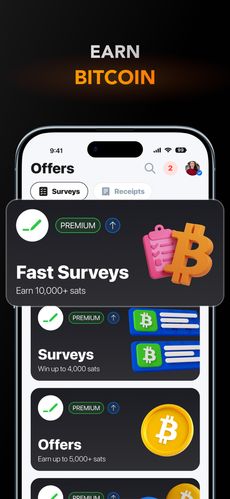 sMiles app interface showing options to earn bitcoin through fast surveys and offers