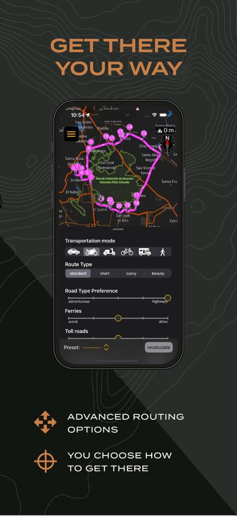 Scenic Motorcycle Navigation app screen displaying advanced routing options and route type selection for bikers.