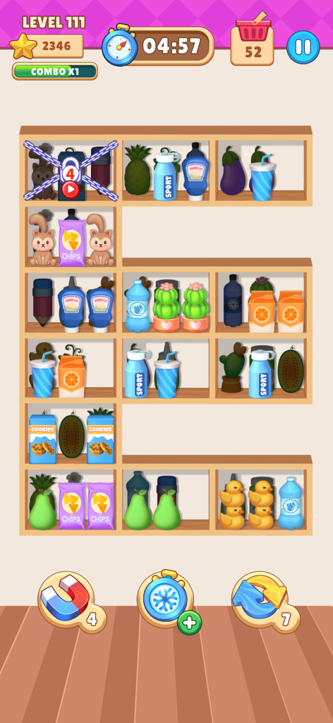 A puzzle level in Match Goods Sorting Challenge showing realistic goods on wooden shelves.
